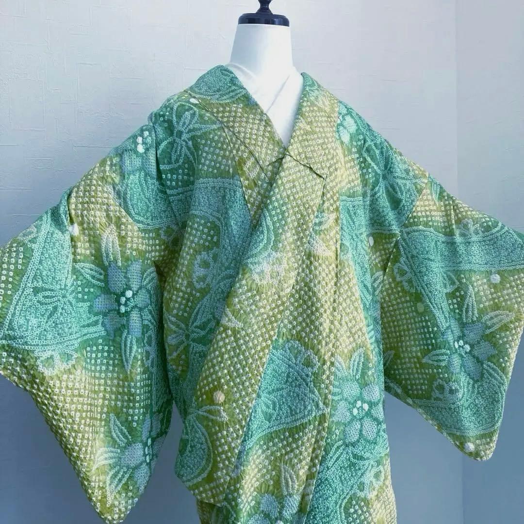 有松絞り浴衣・有松鳴海絞り　絞り　リボンと流水　手縫　上質　広襟No.3-240