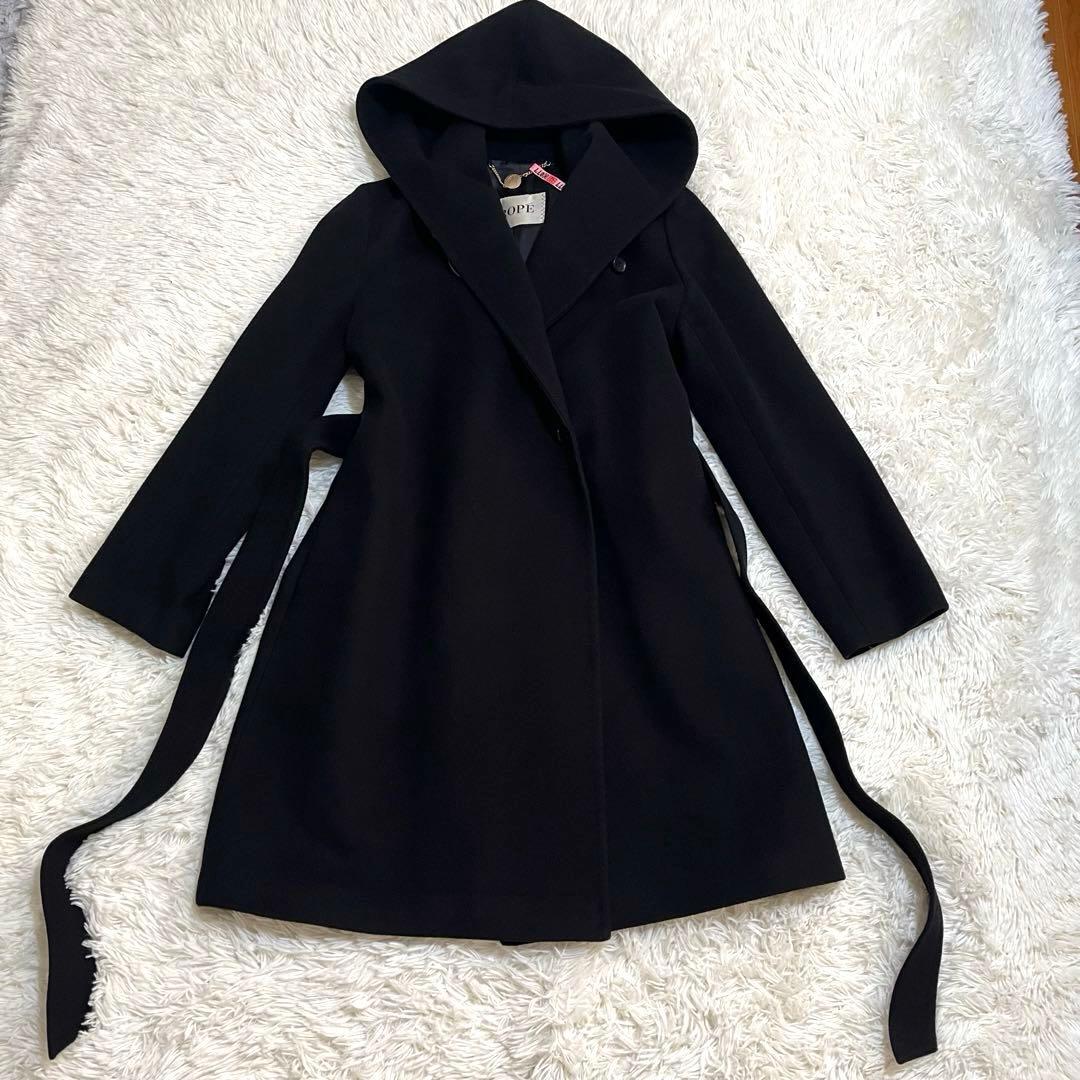 ROPE ロペ　カシミヤ混　フーデット ベルテッドコート　ロングコート　38　黒