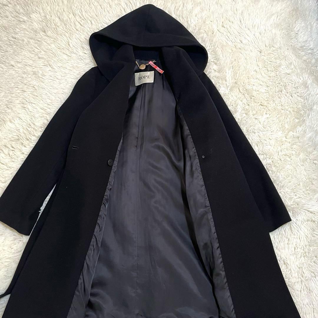 ROPE ロペ　カシミヤ混　フーデット ベルテッドコート　ロングコート　38　黒