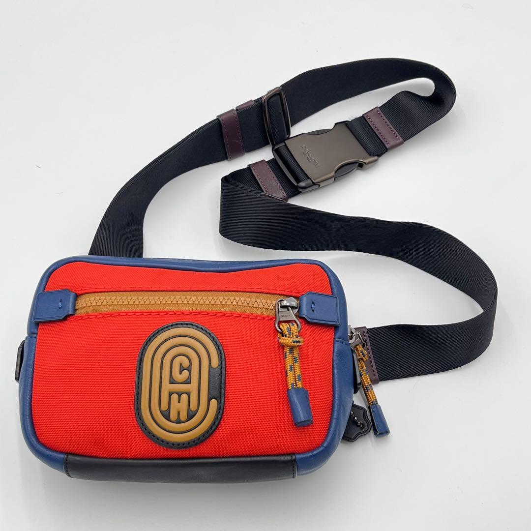 レア コーチ ボディバッグ ウエストポーチ レザー ナイロン CHロゴ 赤×青
