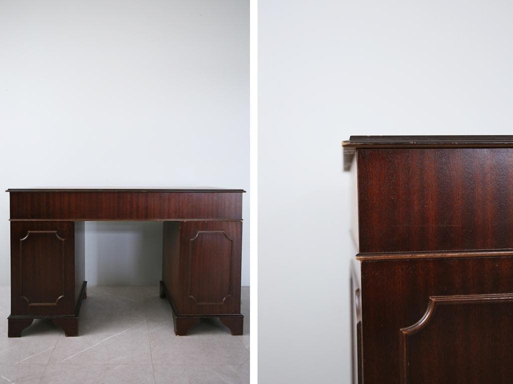 英国アンティーク木製両袖デスク/勉強机テーブル/飾り棚/オフィス事務89-135