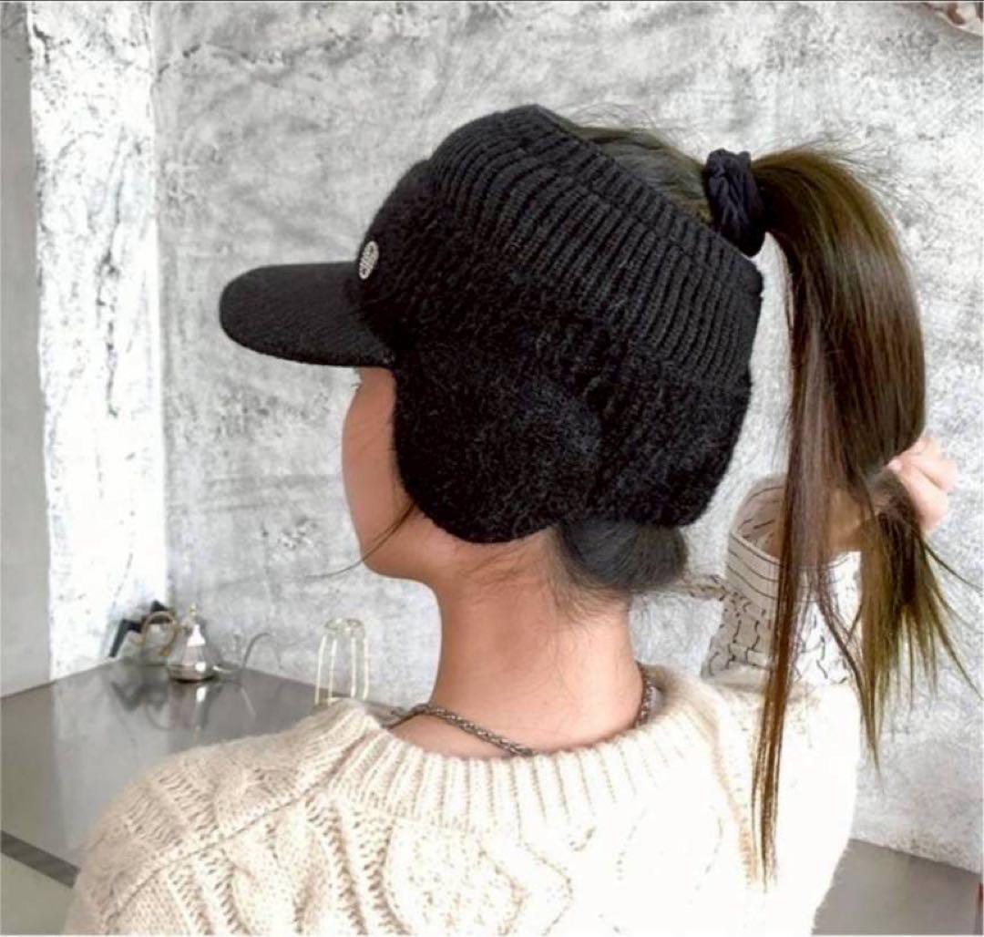 新品】ゴルフ 黒 サンバイザー 耳当て付ニット帽 レディース 防寒 つば