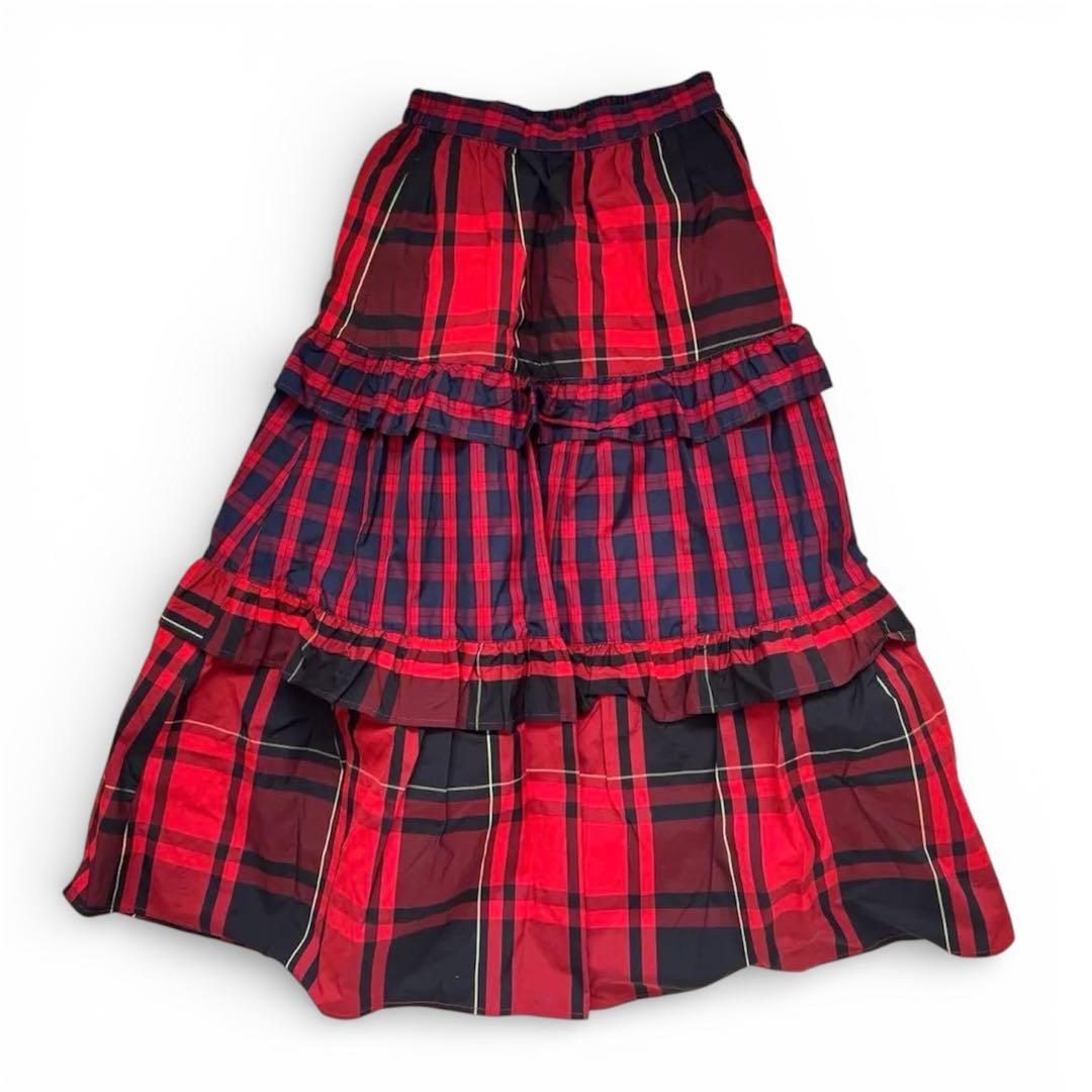 Freada チェック フリル フレア ティアードスカート レッド