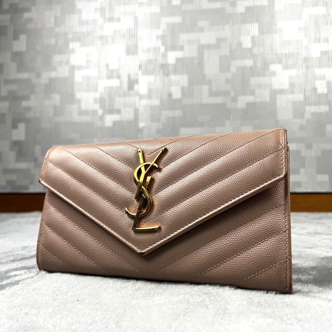 Saint Laurent カサンドラ 長財布 ピンクベージュ キャビアスキン