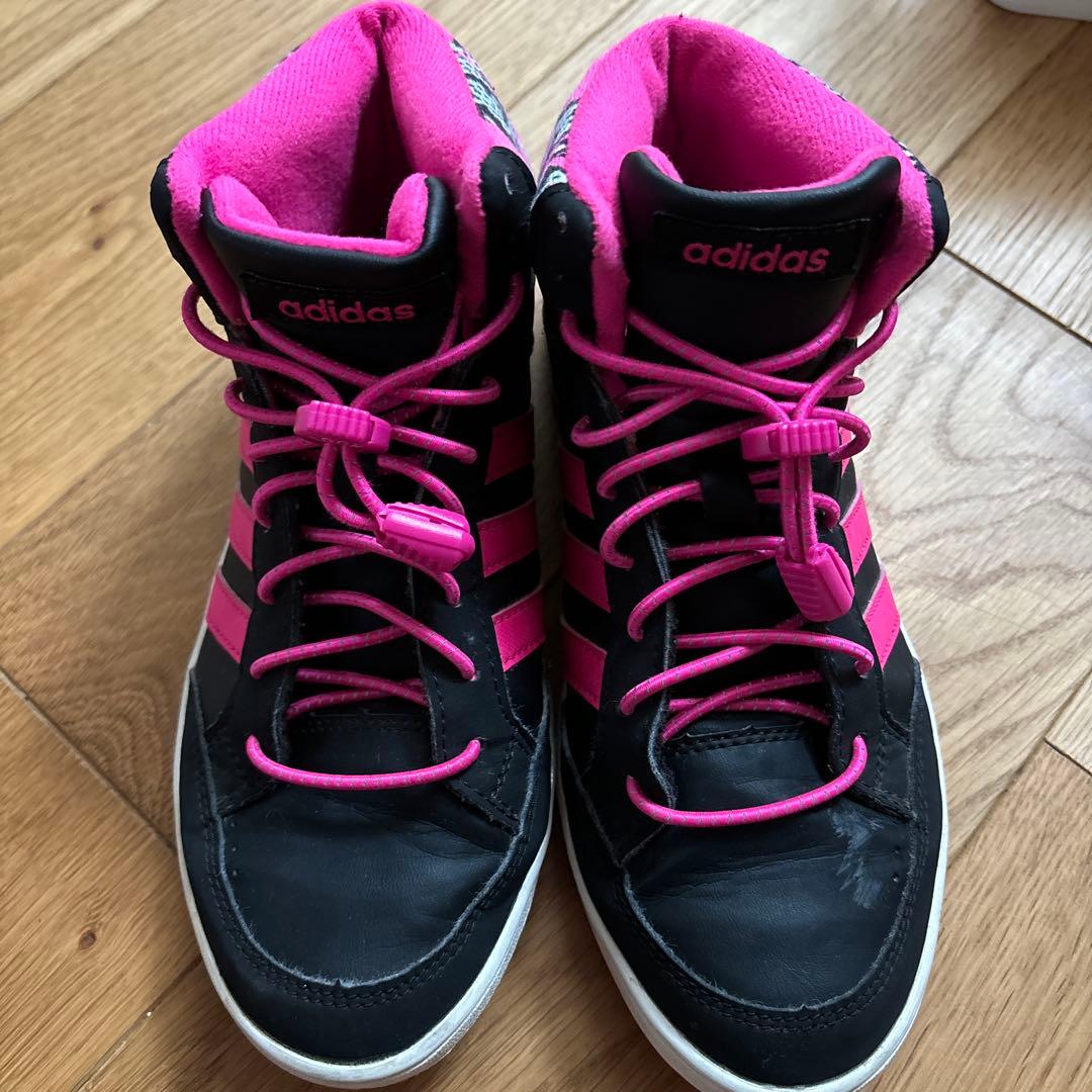 adidas アディダス 22.5㎝ キッズ ハイカット スニーカー 黒/ピンク