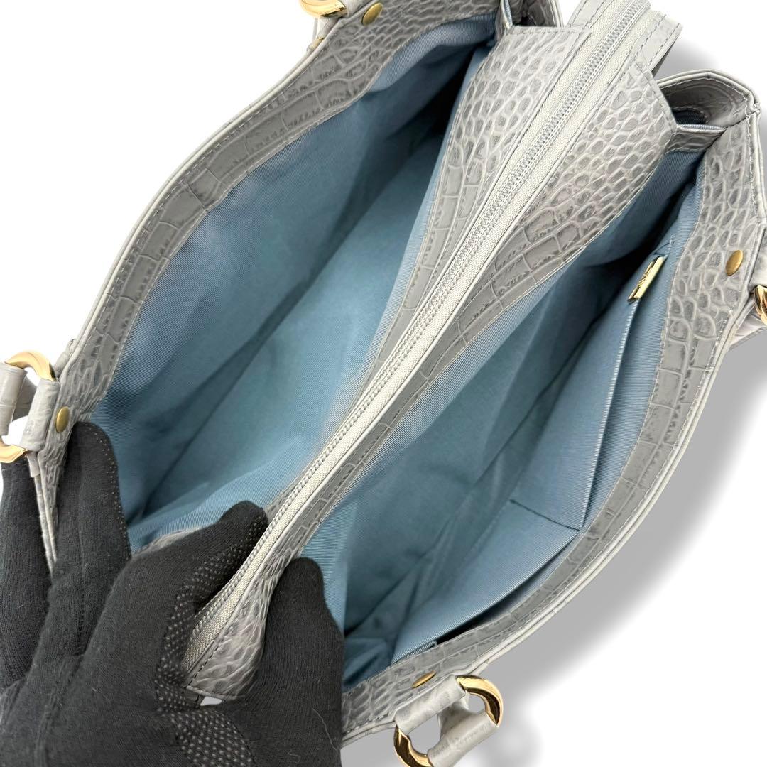 ハマノ ミニボストンバッグ コッコビアン クロコ型押しレザー グレー