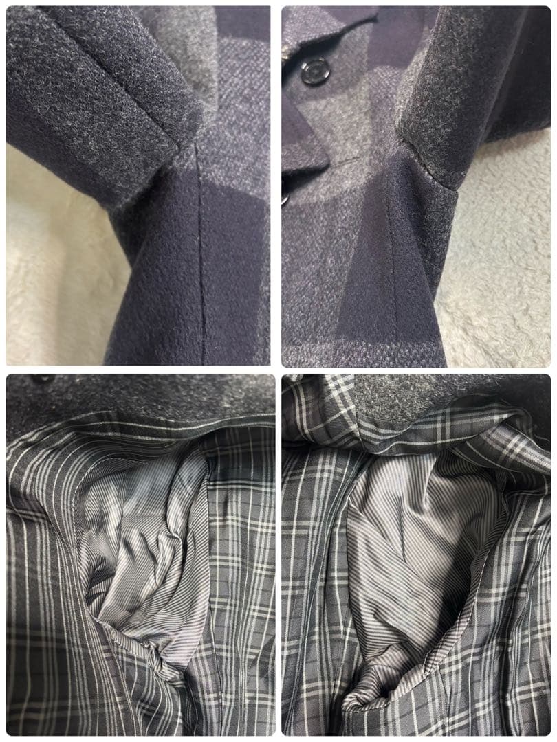 貴重 バーバリーブラックレーベル ウールピーコート ネイビー・グレー 総柄