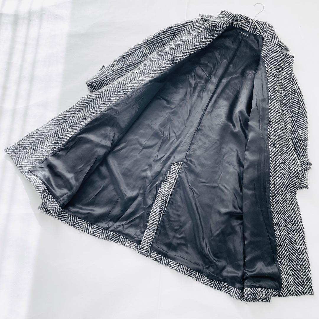 3128Aメゾンスペシャル ヘリンボーンステンカラーロングニットコート　ツイード