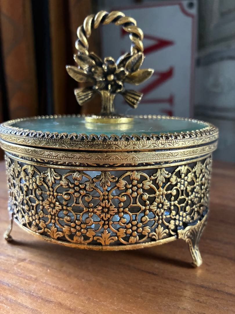 フランス　アンティーク　オルモル　ガラス　ジュエリー　ボックス　真鍮　美品　レア