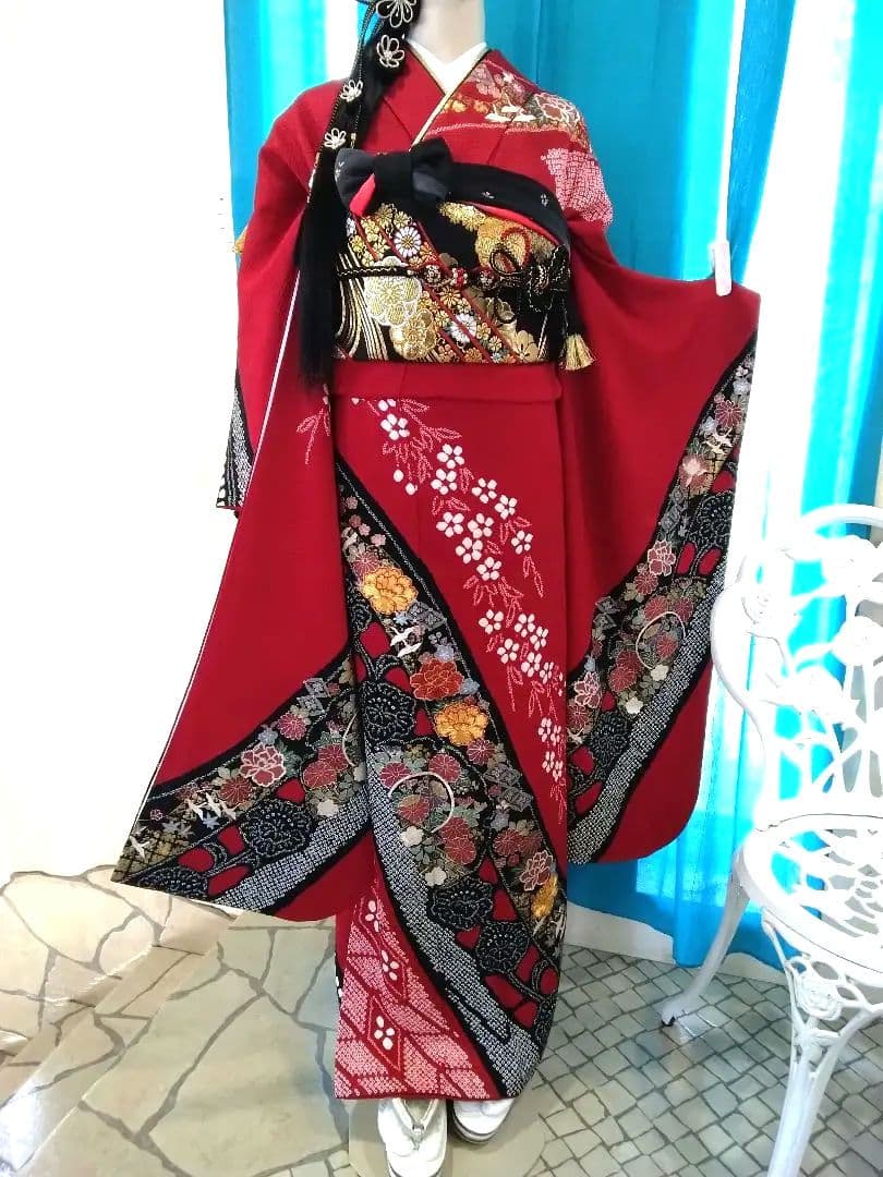 振袖フルセット、正絹絞り振袖成人式、重ね衿帯揚げ帯締め、西陣袋帯襦袢、ガード加工