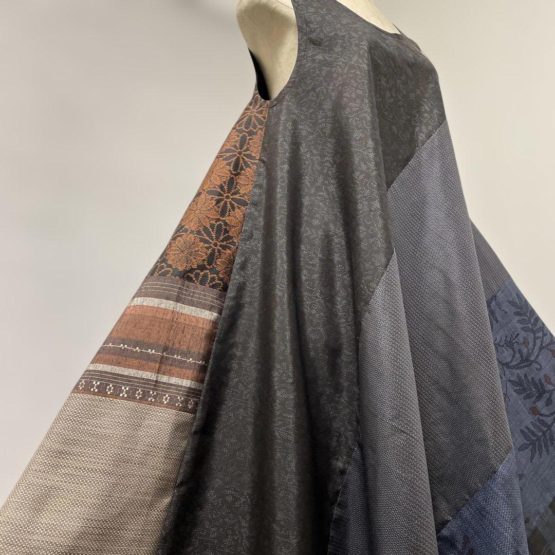 着物ワンピーステントラインロング丈《9》大島紬や紬等(7マルキ含)Mサイズくらい