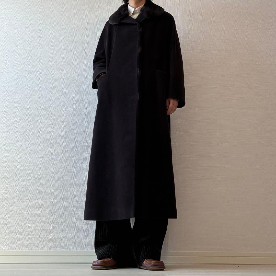 90's ヴィンテージ ステンカラーコート ロングコート ブラック ファー