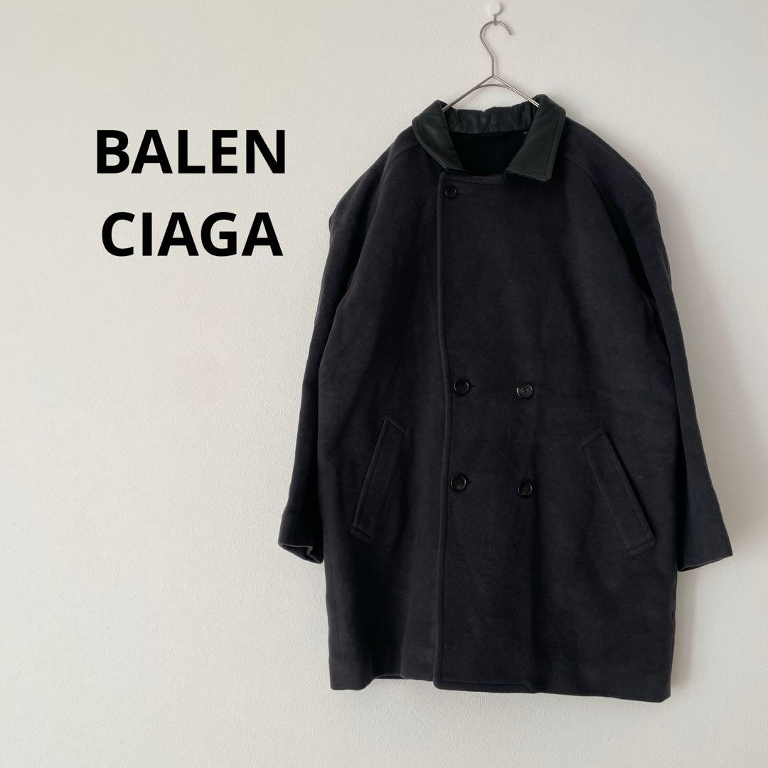 BALENCIAGA バレンシアガ ダブルブレストコート　本革　ウール 深緑