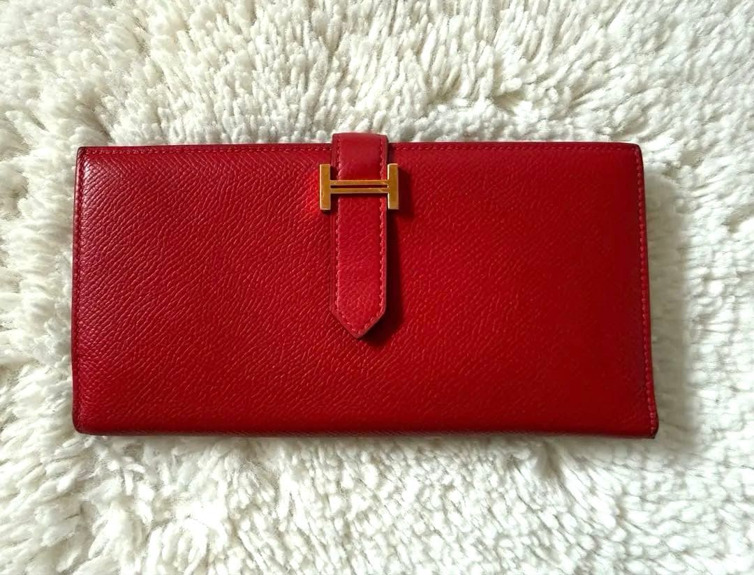 【中古】エルメス　べアン　赤　長財布