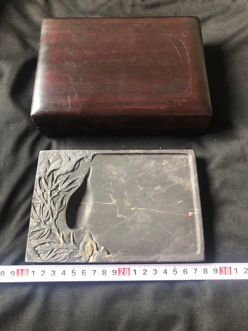 すずり 端溪硯 老坑 水巖 花鳥文 金綫 五彩飣 エン脂