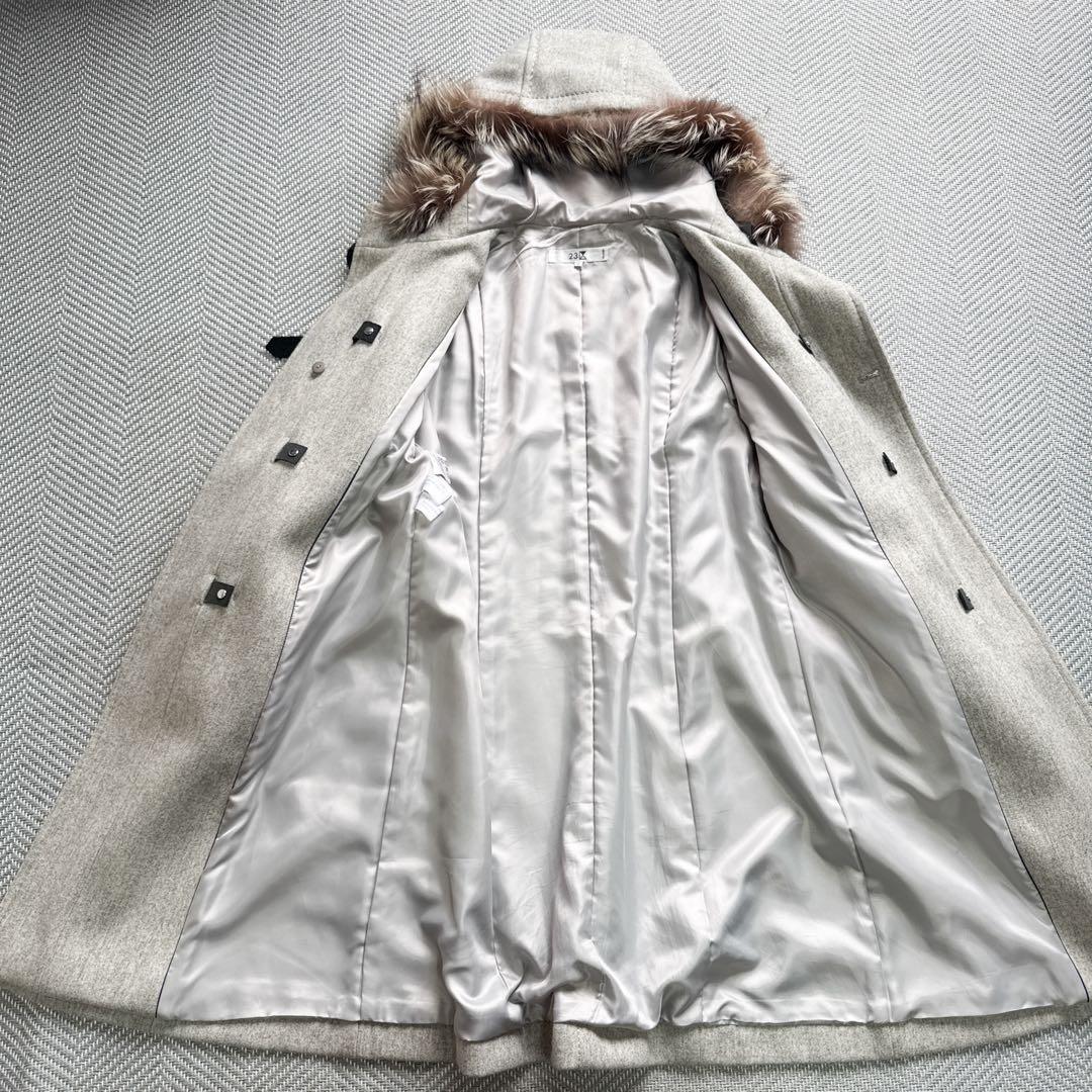 美品 23区 アンゴラウール ロングコート 牛革ベルト フード ファー 46