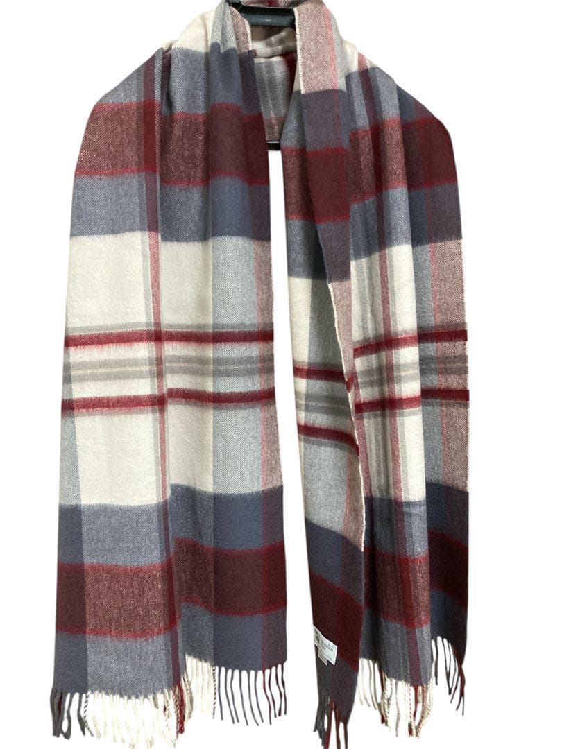 新品 ジョンストンズ カシミヤ100％ 中大判ストール ボルドー チェック