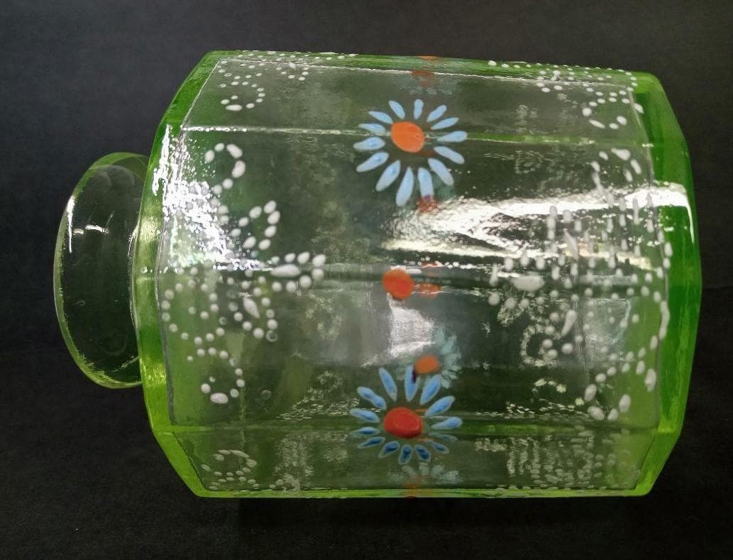 ☆P0101☆アンティーク ウランガラス エナメル花絵 蓋付き瓶