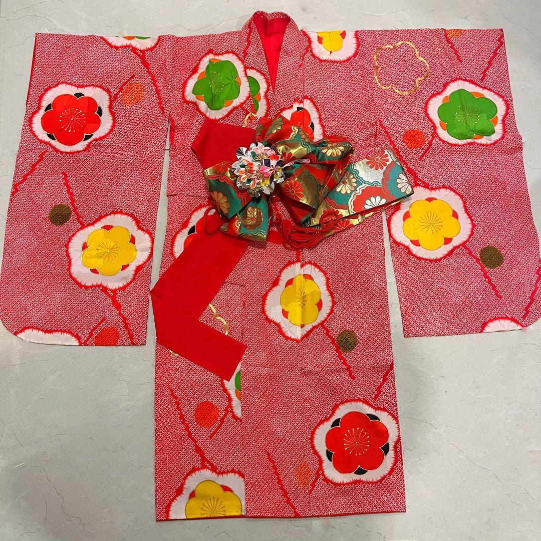 着物 正絹 朱赤 金駒刺繍 枝梅文 総絞り 七五三 3歳 5歳 7歳 帯 作り帯