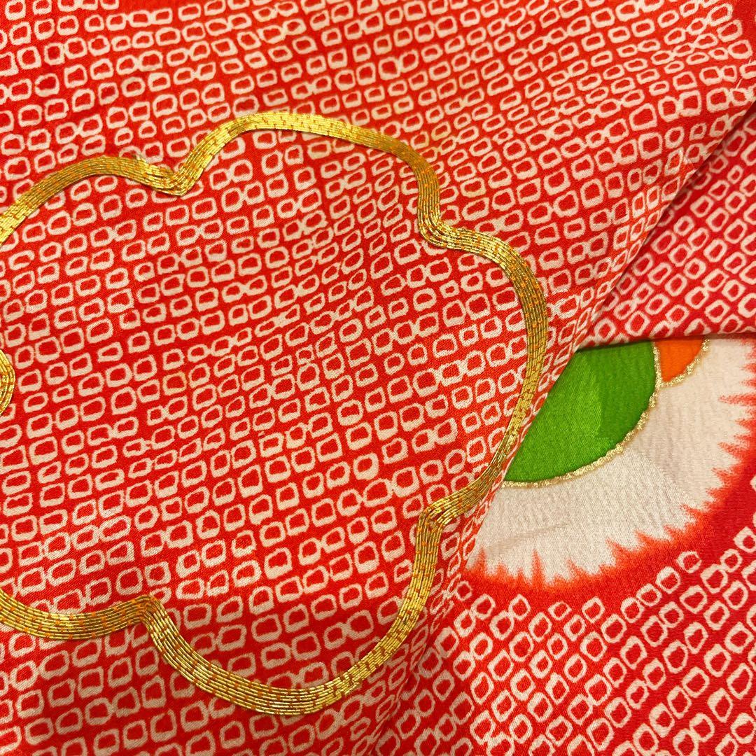 着物 正絹 朱赤 金駒刺繍 枝梅文 総絞り 七五三 3歳 5歳 7歳 帯 作り帯