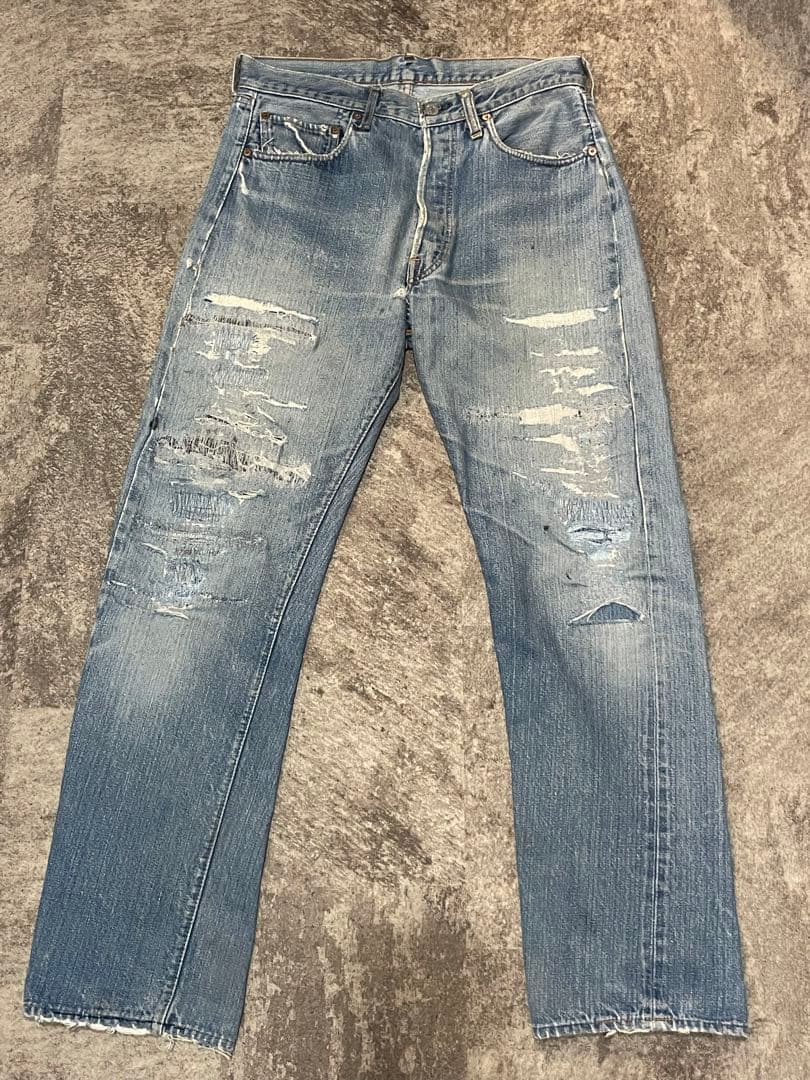 70sリーバイス501 66前期 赤耳　刻印6 オリジナル　縦落ち　襤褸　ヒゲ