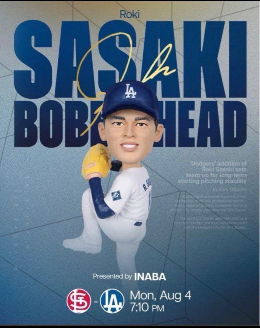8月4日 配布 佐々木朗希選手 ドジャース ボブルヘッド 8月4日が、