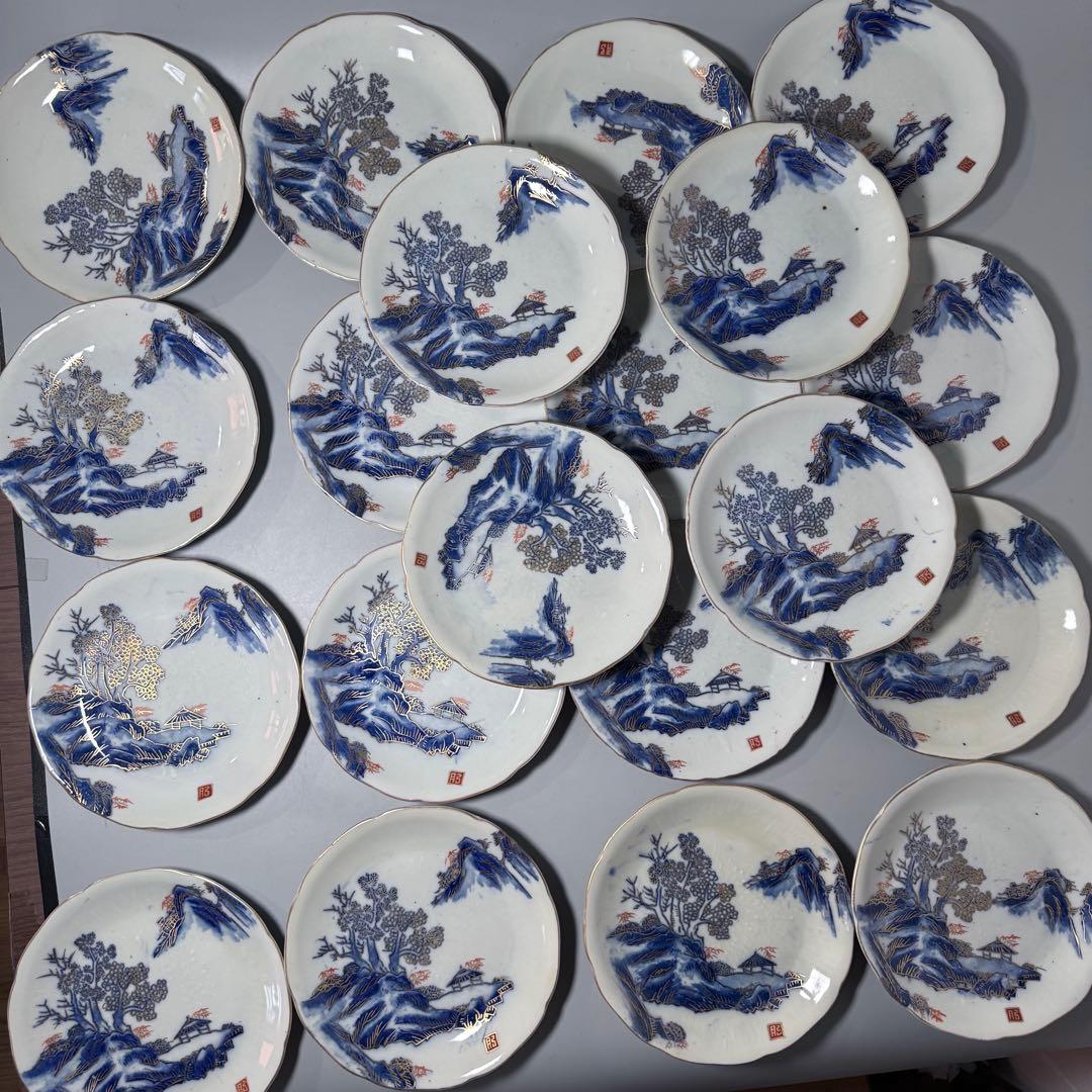 大正〜昭和前期　アンティーク有田　染錦　山水図　取皿　20枚　岩城窯印有　料理屋