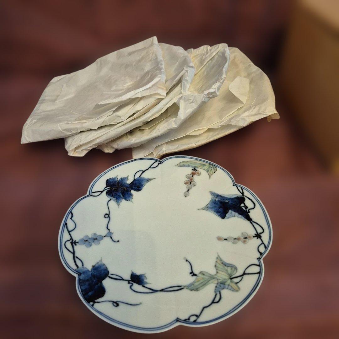 九谷焼　理節　色ぶどう花形皿　5枚