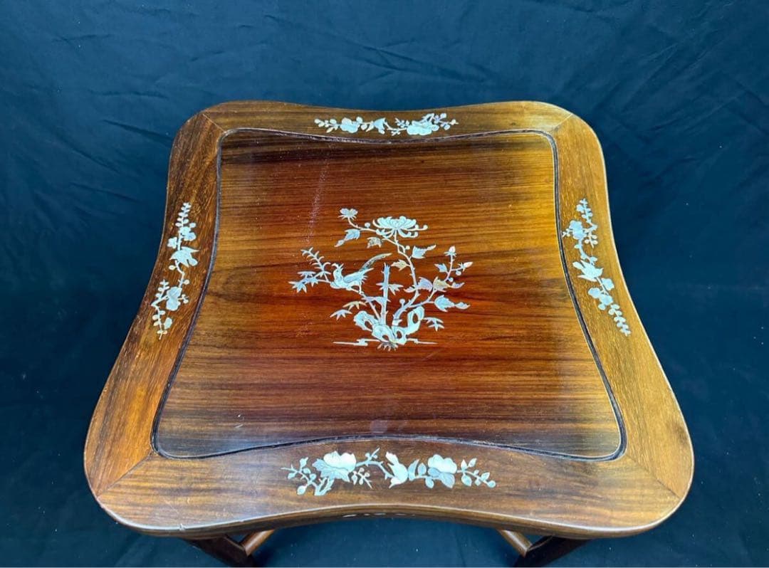 高級家具 螺鈿細工 花梨 中国美術 サイドテーブル 椅子2客 唐木 家具