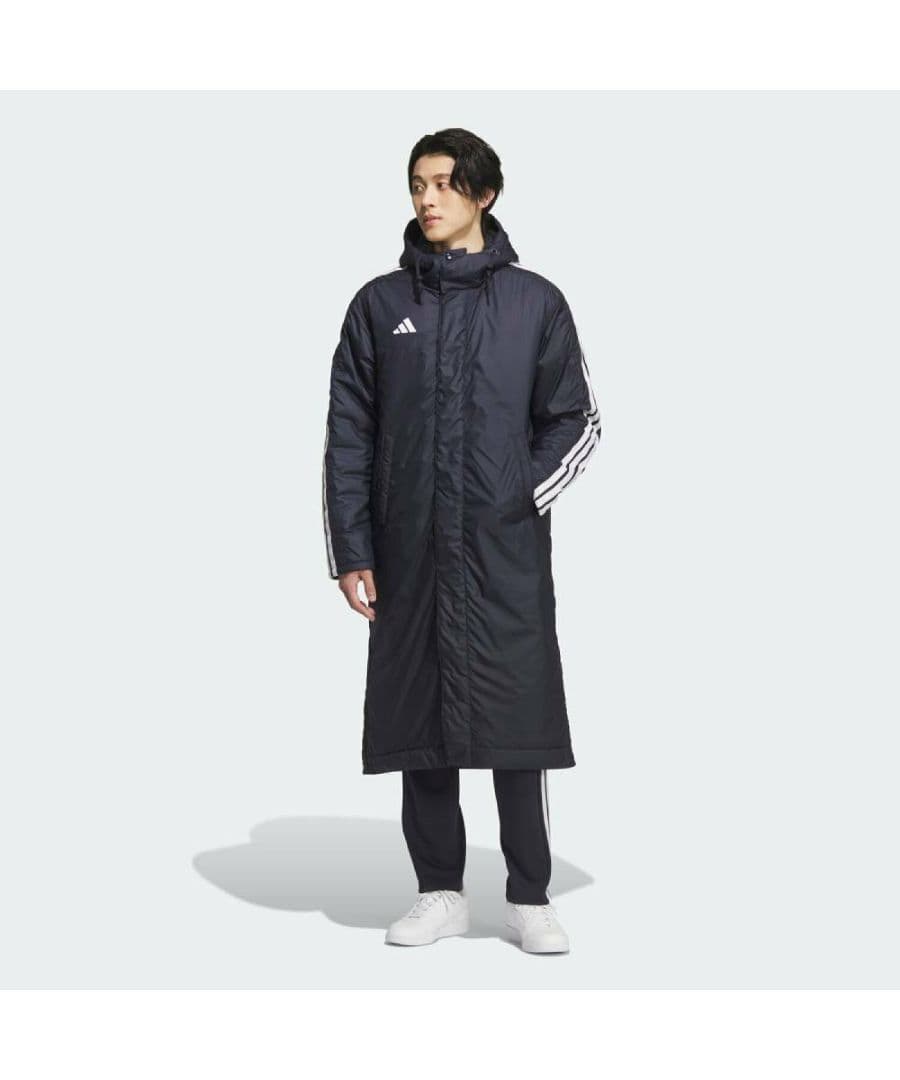 XL アディダス 中綿 裏ボア ベンチコート　ロング ジャケット 紺 ネイビー