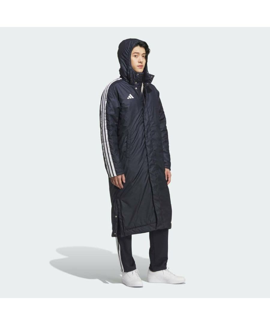 XL アディダス 中綿 裏ボア ベンチコート　ロング ジャケット 紺 ネイビー