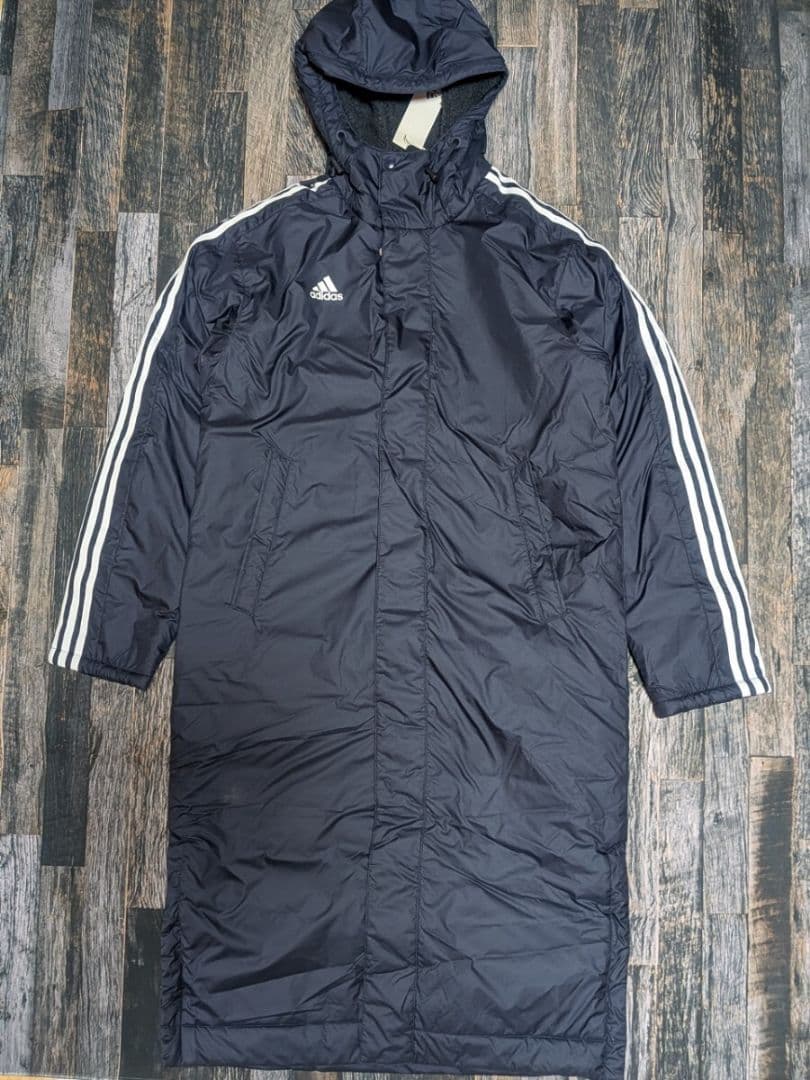 XL アディダス 中綿 裏ボア ベンチコート　ロング ジャケット 紺 ネイビー