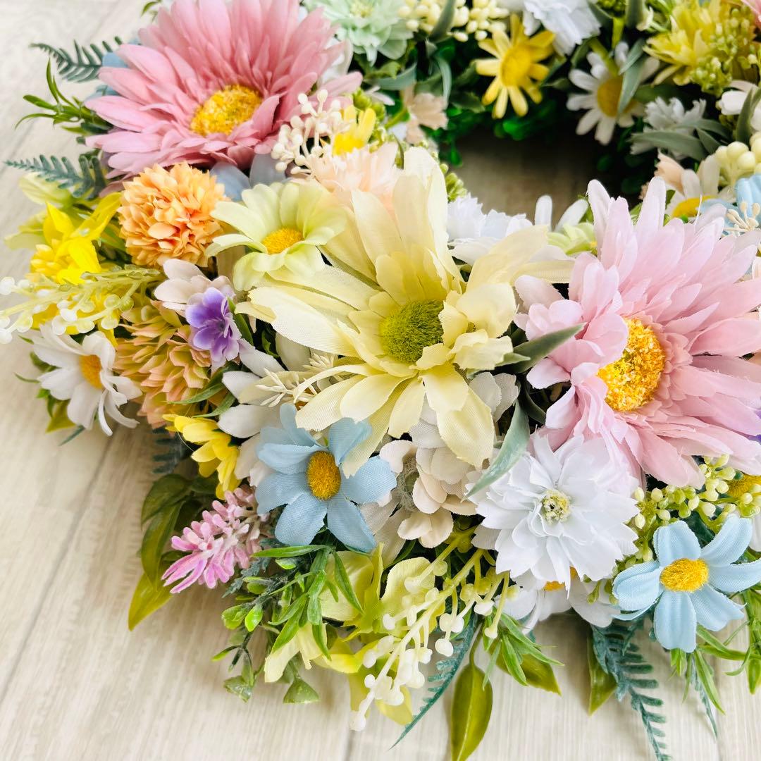 春リース 母の日 プレゼント フラワーリース 春まち パステル 特大 ガーベラ