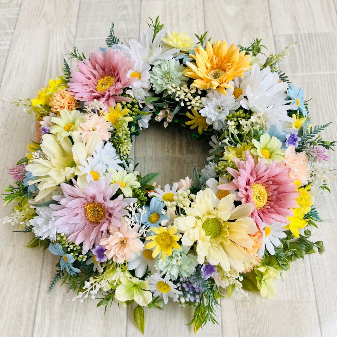 春リース 母の日 プレゼント フラワーリース 春まち パステル 特大 ガーベラ
