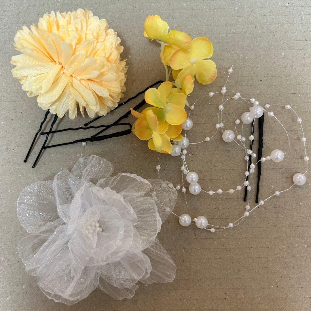 オレンジ　金駒刺繍　源氏車　花　七五三　7歳　13点フルセット　髪飾り付き