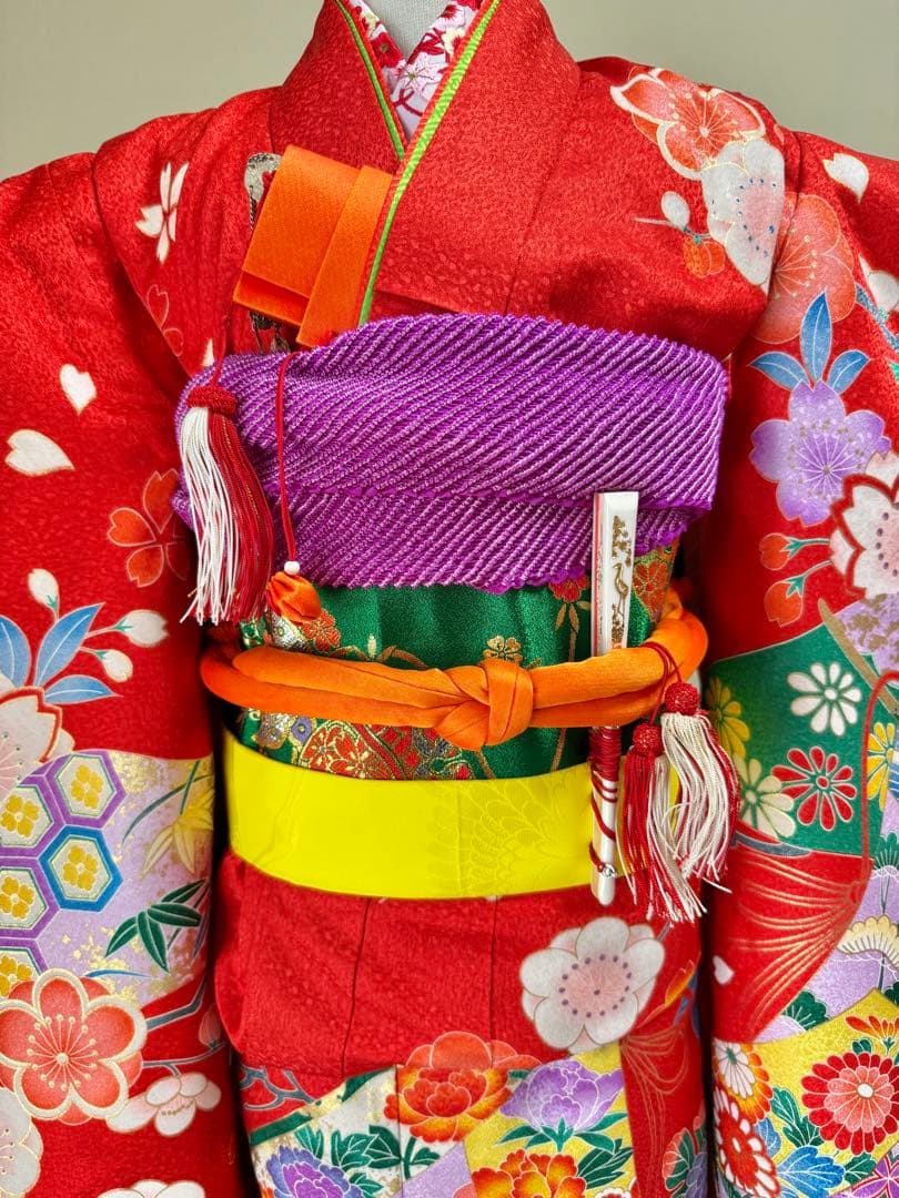 7歳七五三　フルセット　赤系着物　草履バッグ付き