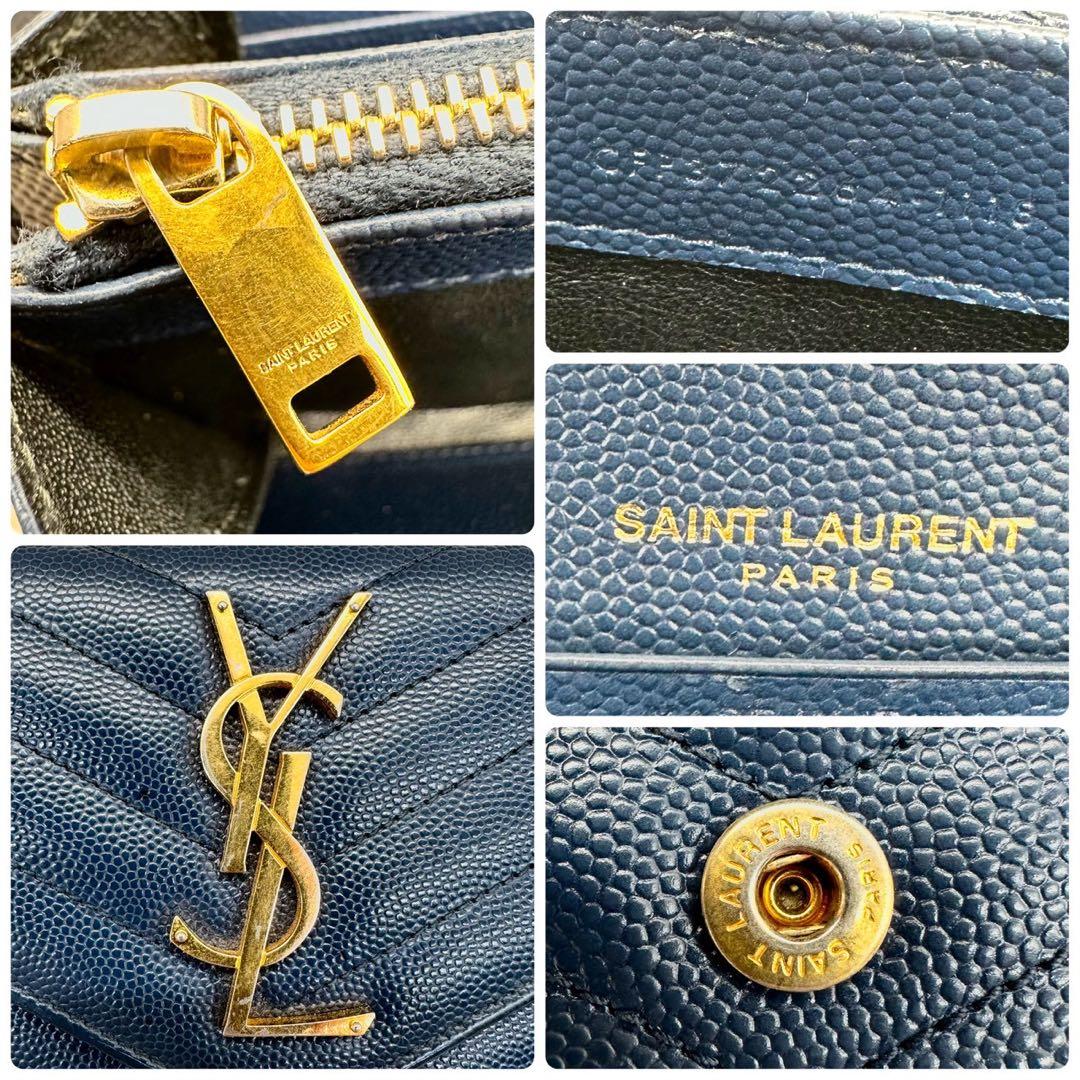 【美品】サンローラン 長財布 ブルー Vステッチ キャビアスキン YSL