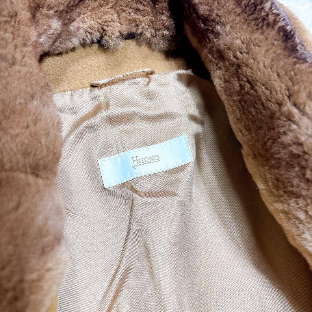 Herno ヘルノ キャメル ロングコート ファー付き 裏地 シルク