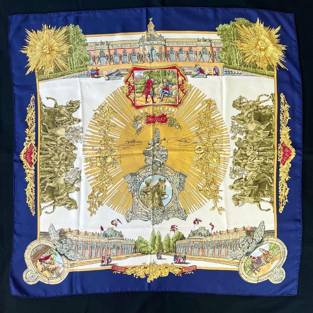 エルメス スカーフ カレ90 サンスーシ宮殿 ［道］ネイビー系 フランス