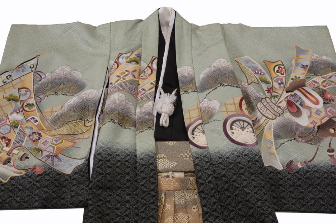 ◆オススメ◆ 七五三　衣装　5歳　男の子　羽織袴セット　薄緑　金色