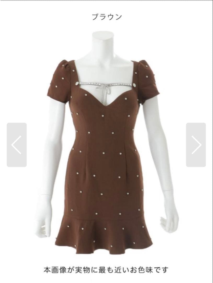 【ぺぺ】ブラウン パール装飾 Vネックドレス