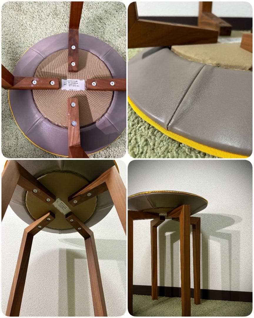 イタリア製 コーヒーテーブル φ40cm 無垢脚 レザートップ