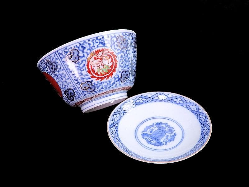 大聖寺伊万里 染錦 鳳凰に唐人 唐草の図 蓋茶碗 2客 A121AS-fbmj