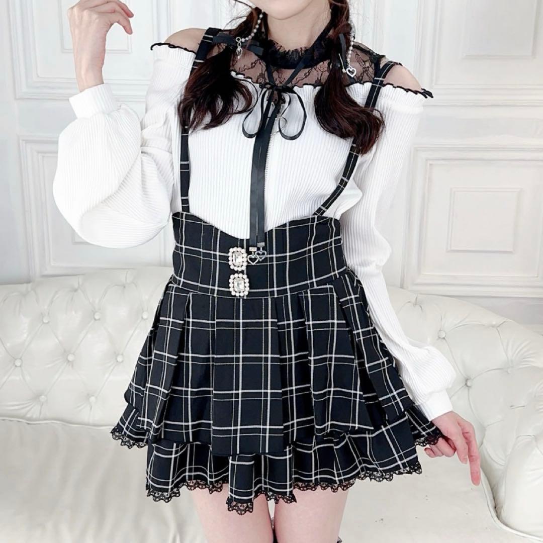 地雷 マーズ オフショルブラウス 十字架リボン チェック スカパン セットアップ