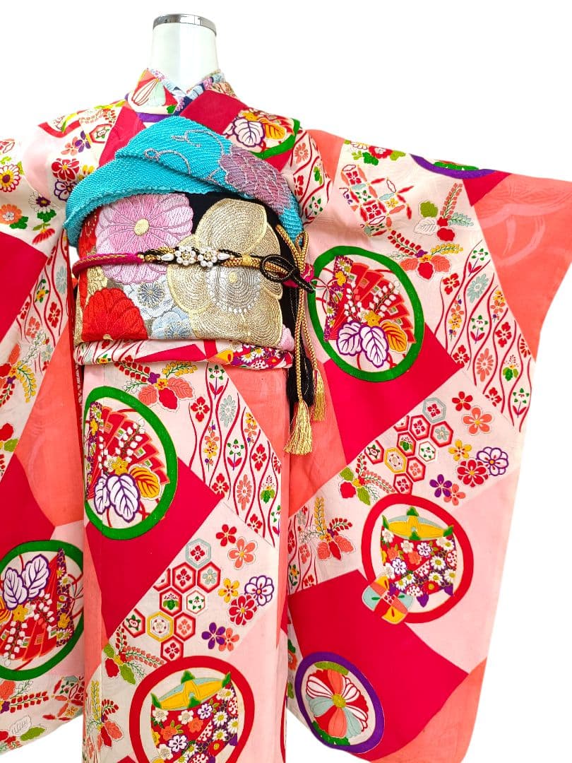 専用です☆アンティークピンク赤に丸模様の着物と黒系だらり帯