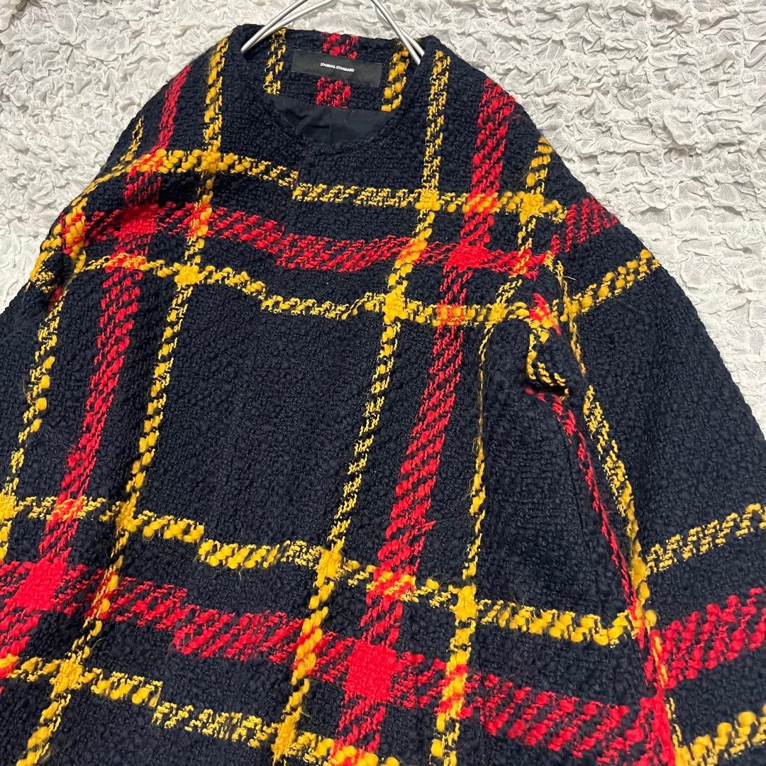 ツイード【ジャーナルスタンダード】チェック柄 ロングコート ノーカラーコート