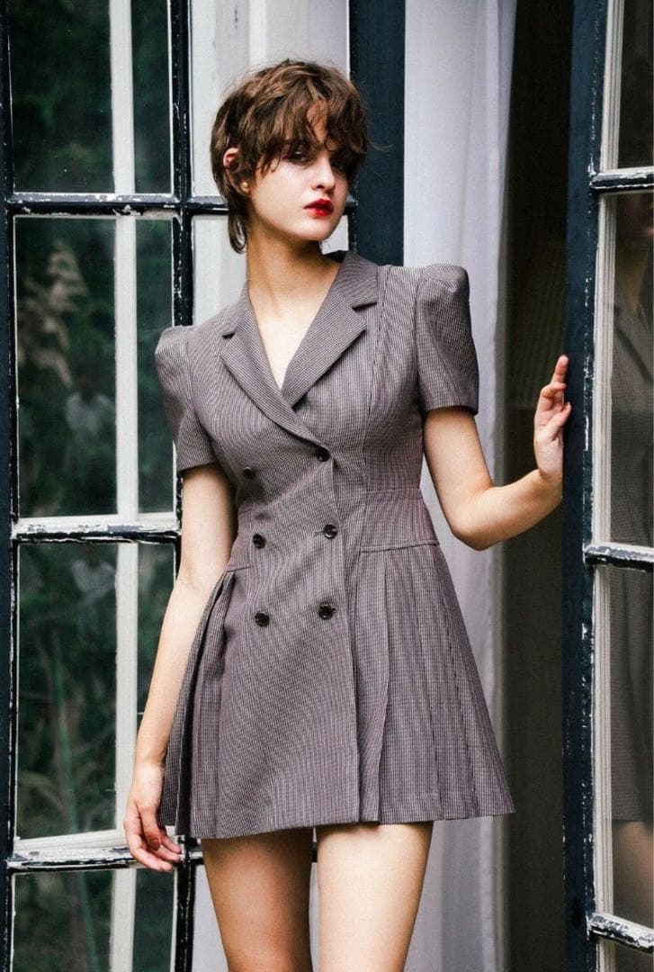 【sheller】パフスリーブプレーテッドジャケットドレス