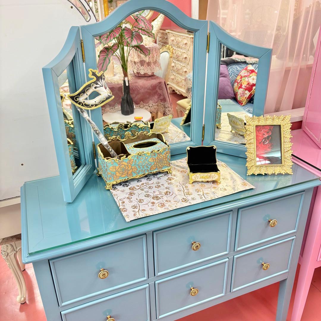 ブルー 3面鏡付 ドレッサー マホガニー材 3面鏡 高級 綺麗 開梱設置