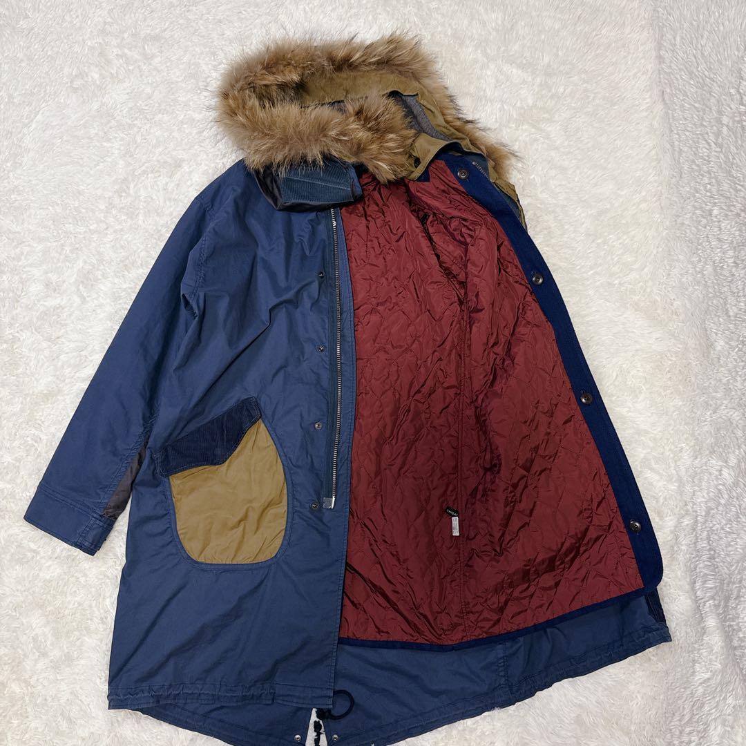 ツモリチサト モッズコート ラクーンファー ライナー付 切替 ネイビー Ｌ