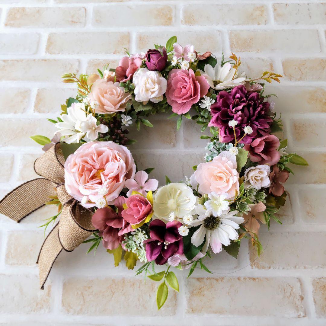 オールドローズとダリアのお花のリース  フラワーリース  リース  造花